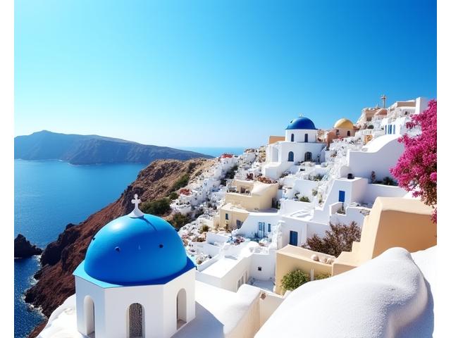 Maisons blanches et dômes bleus emblématiques de Santorin, Grèce, surplombant la mer Égée.
