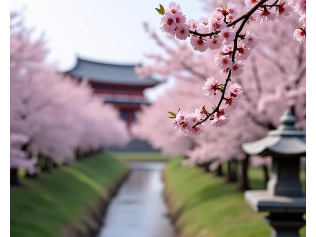 Cerisiers en fleurs au Japon avec un temple traditionnel en arrière-plan.