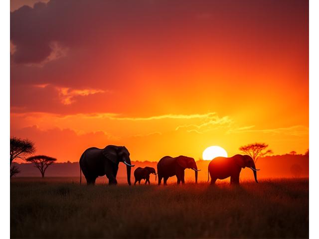 Un troupeau d'éléphants traversant une plaine au coucher du soleil lors d'un safari en Afrique.