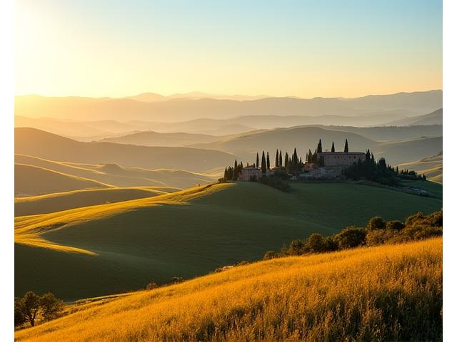 Paysage vallonné de Toscane avec un village médiéval et des cyprès.
