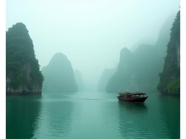 Baie d'Ha Long au Vietnam avec ses pitons karstiques émergeant de l'eau.