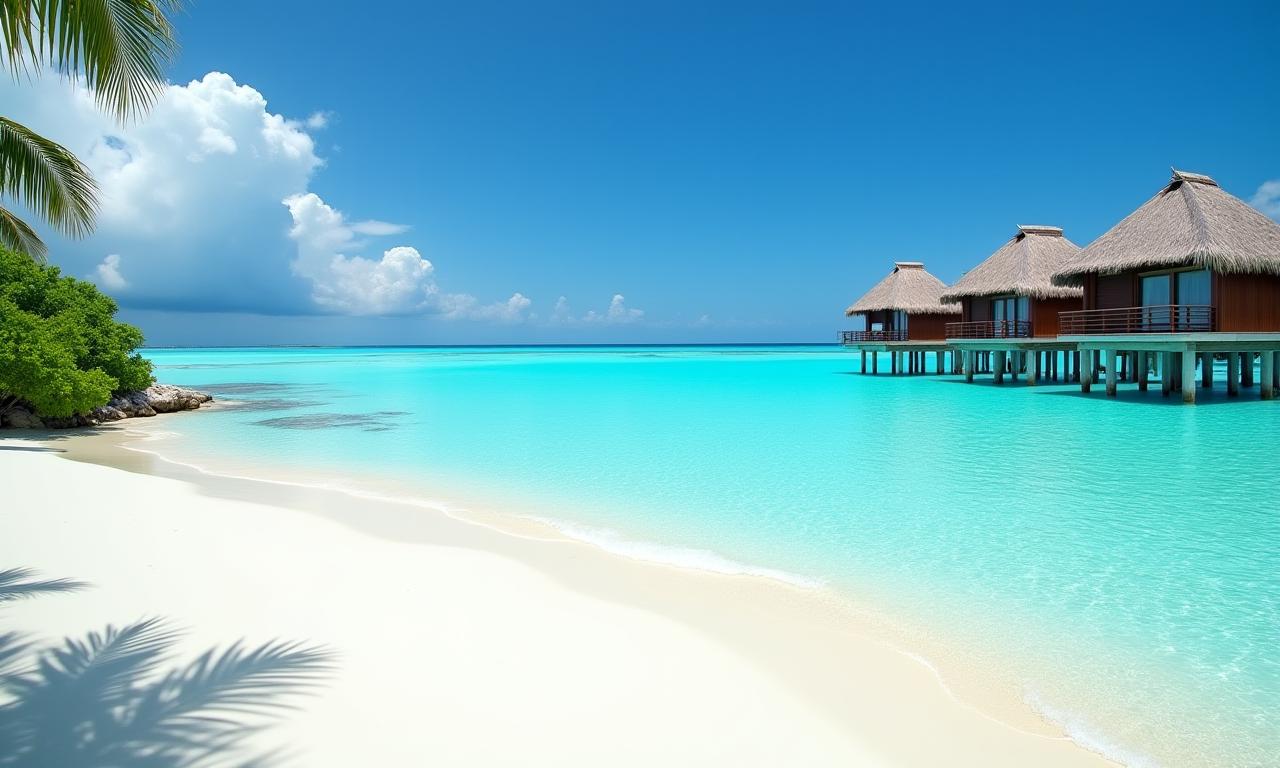Plage de sable blanc et eaux turquoises aux Maldives avec un bungalow sur pilotis.