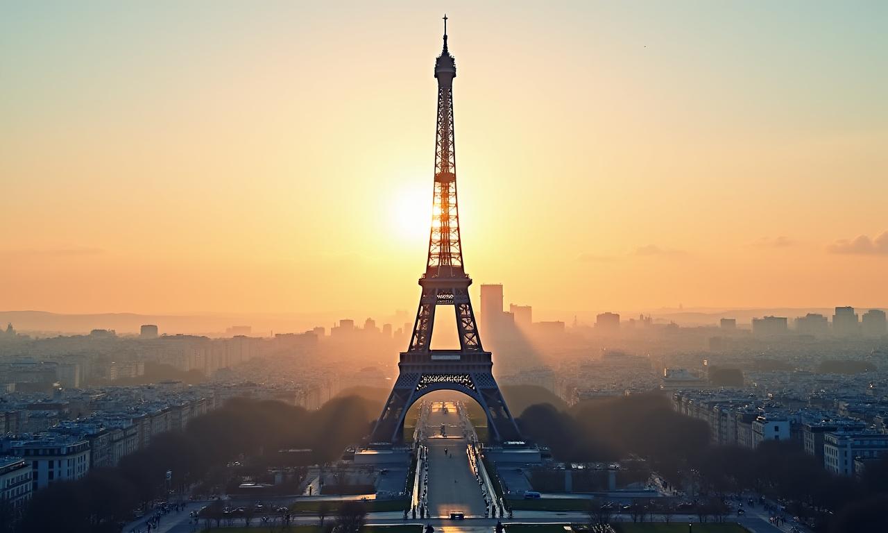 Vue emblématique de la Tour Eiffel à Paris au lever du soleil.