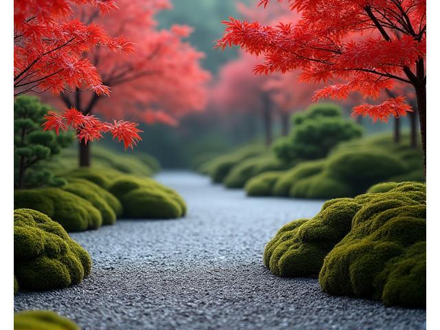 Jardin zen japonais avec des feuilles d'érable rouges