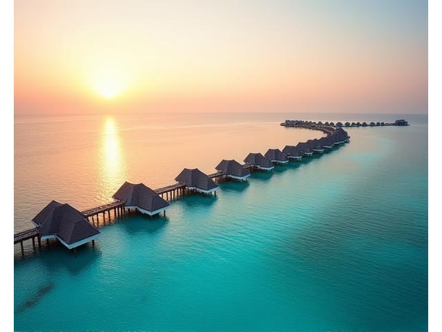 Villas sur pilotis au-dessus d'une eau turquoise aux Maldives