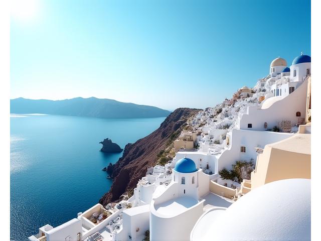 Maisons blanches aux toits bleus de Santorin, Grèce