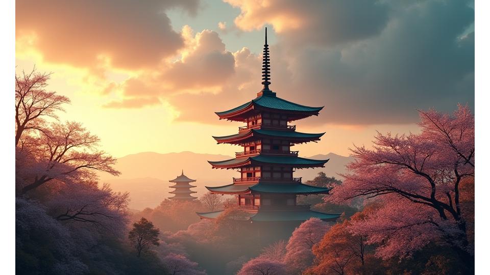 Pagode ancienne au Japon au coucher du soleil, symbolisant le voyage et l'évasion