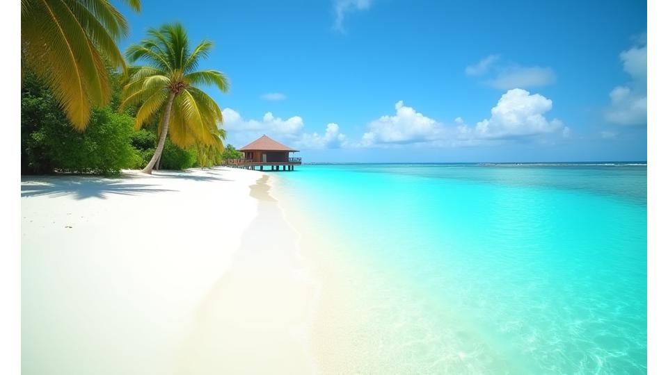 Plage paradisiaque aux Maldives avec eau turquoise et sable blanc, invitant à la détente